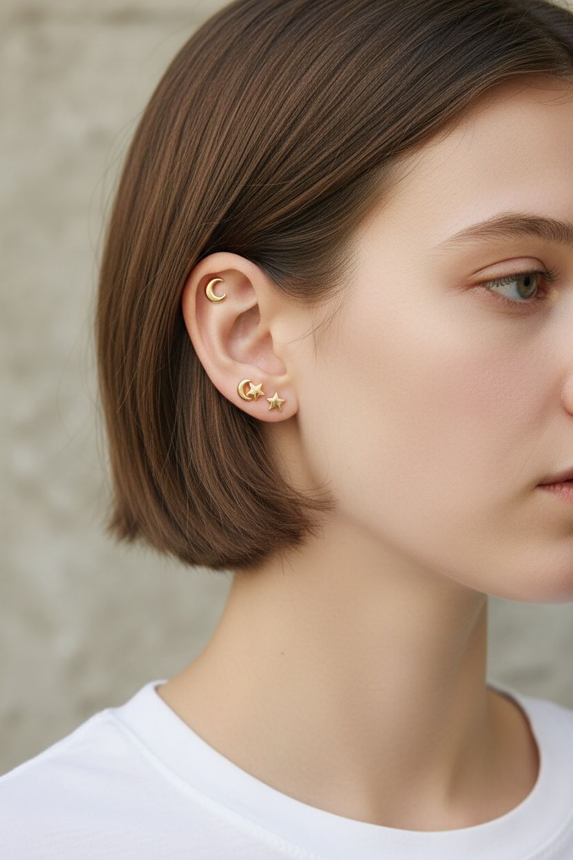 10K Gold Star-Moon Stud Earrings